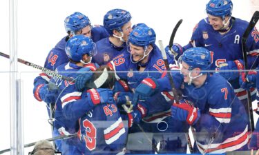 Team USA men's hockey celebrates vs. Sweden.