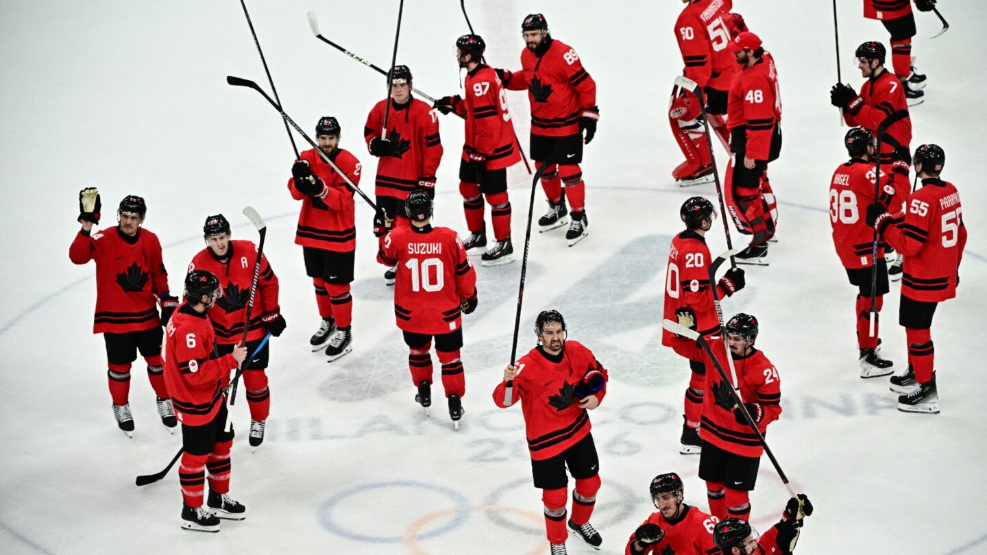 <i>NBC Olympics</i><br/>The Canadian men's hockey team celebrates after defeating Finland in the men's Olympic hockey semifinal at the 2026 Milan Cortina Olympics.