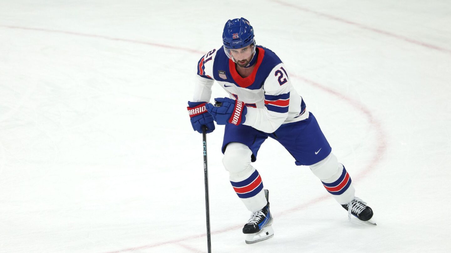 <i>NBC Olympics</i><br/>U.S. men's hockey player Dylan Larkin skates on the ice during the Olympic semifinal matchup with Slovakia.