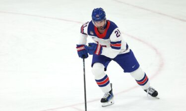 U.S. men's hockey player Dylan Larkin skates on the ice during the Olympic semifinal matchup with Slovakia.