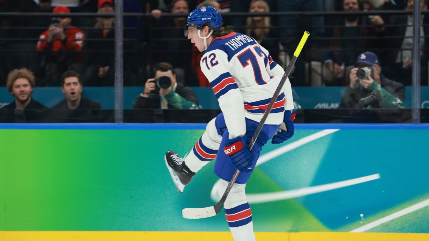 <i>NBC Olympics</i><br/>U.S. men's hockey player Tage Thompson celebrates after scoring against Slovakia in the 1st period of the Olympic semifinal round.