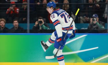 U.S. men's hockey player Tage Thompson celebrates after scoring against Slovakia in the 1st period of the Olympic semifinal round.