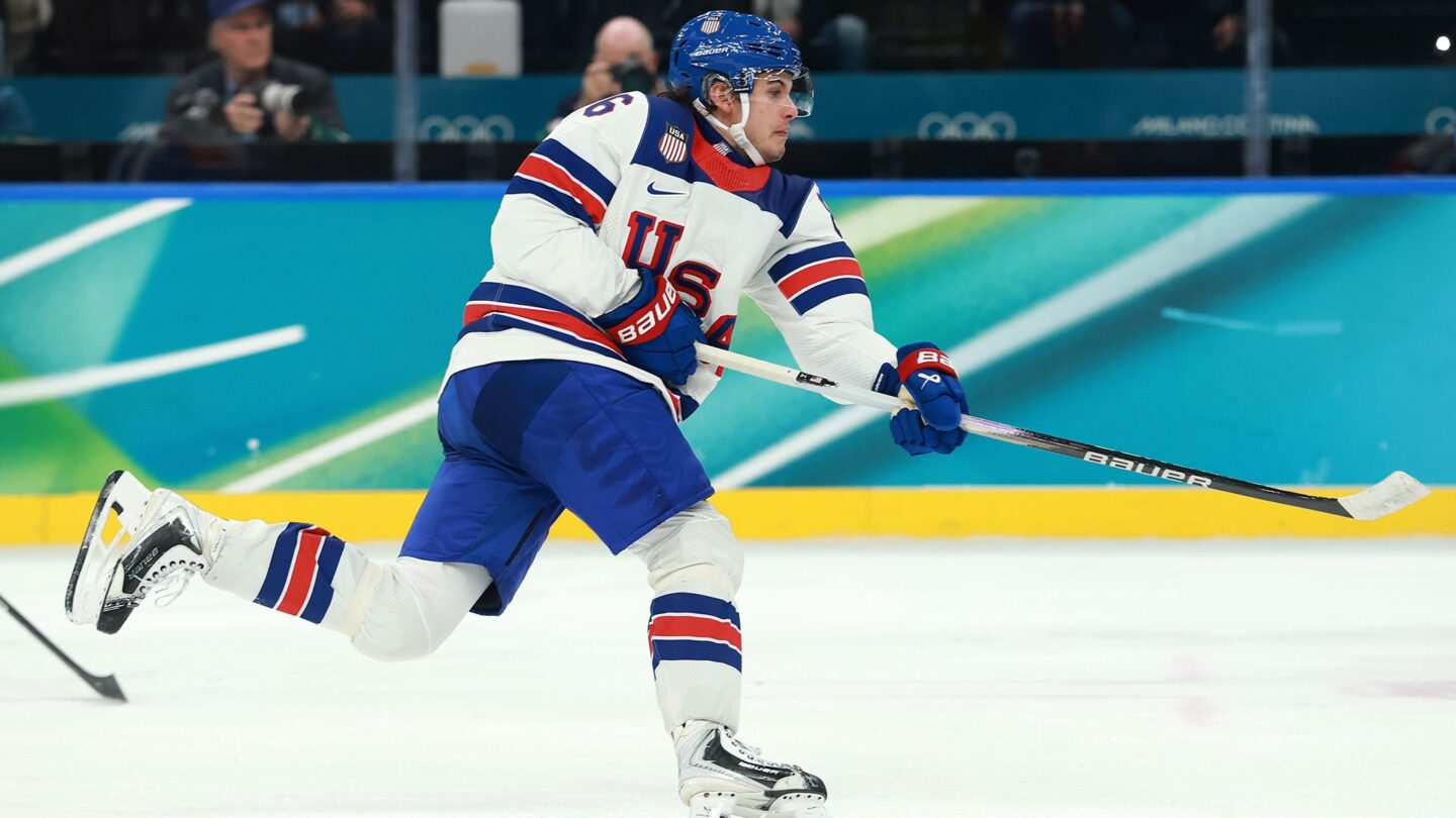 <i>NBC Olympics</i><br/>U.S. men's hockey player Jack Hughes shoots on goal during the team's win over Slovakia in the Olympic semifinal round.