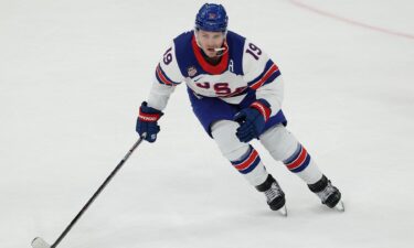 U.S. men's hockey player Matthew Tkachuk skating on the ice during the Olympic semifinal matchup against Slovakia.