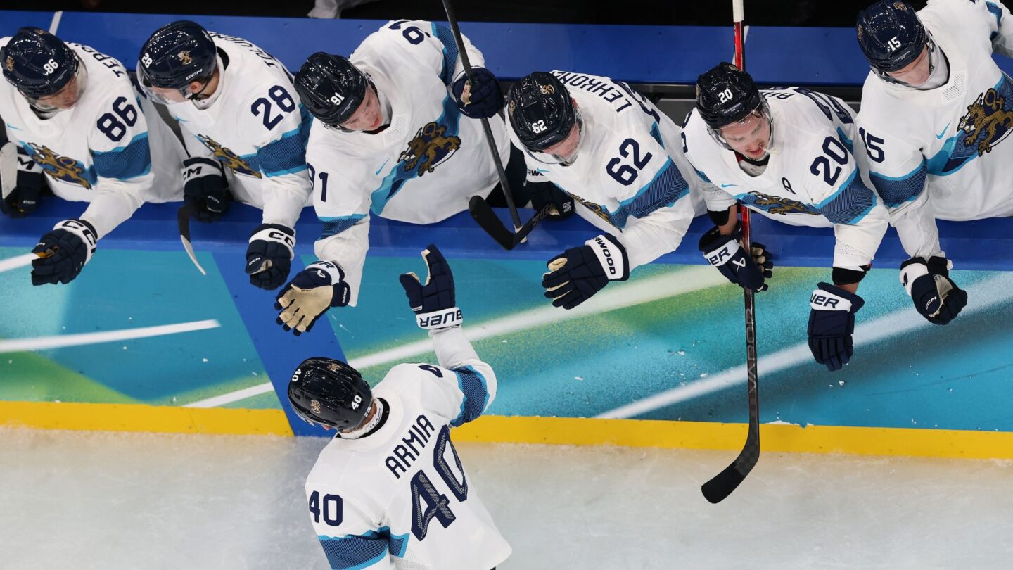 <i>NBC Olympics</i><br/>Finland men's hockey player Joel Armia high fives his bench after scoring in the bronze medal game at the 2026 Milan Cortina Olympics.