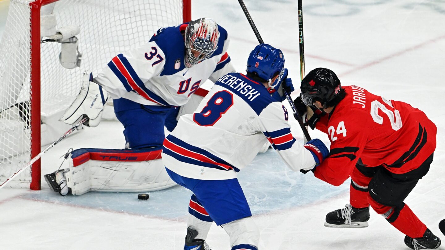 <i>NBC Olympics</i><br/>Connor Hellebuyck saves a goal against Canada