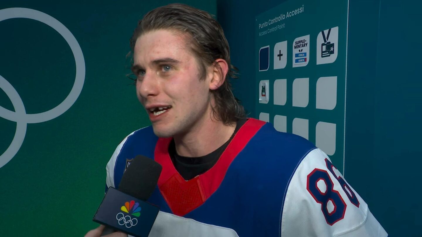 <i>NBC Olympics</i><br/>Jack Hughes after USA's gold medal win.