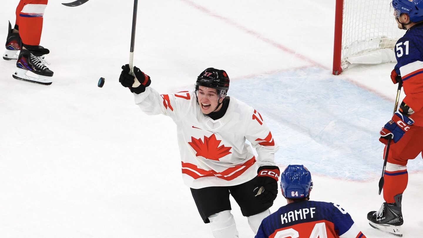 <i>NBC Olympics</i><br/>Macklin Celebrini in action.