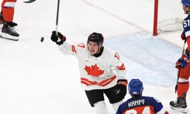 Macklin Celebrini in action.