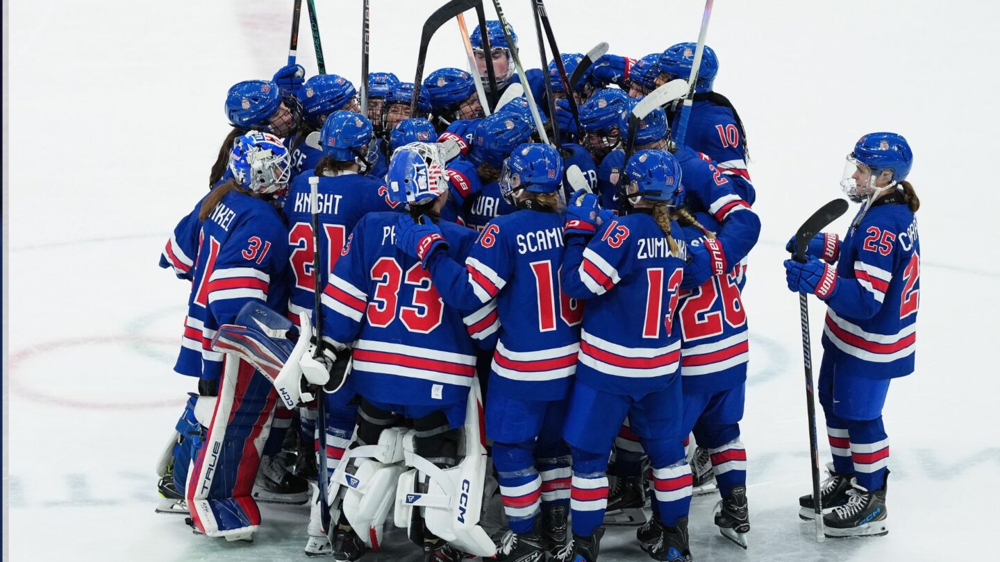 The U.S. women's Olympic hockey team celebrates after defeating Italy and advancing to the semifinal round of the 2026 Milan Cortina Games.