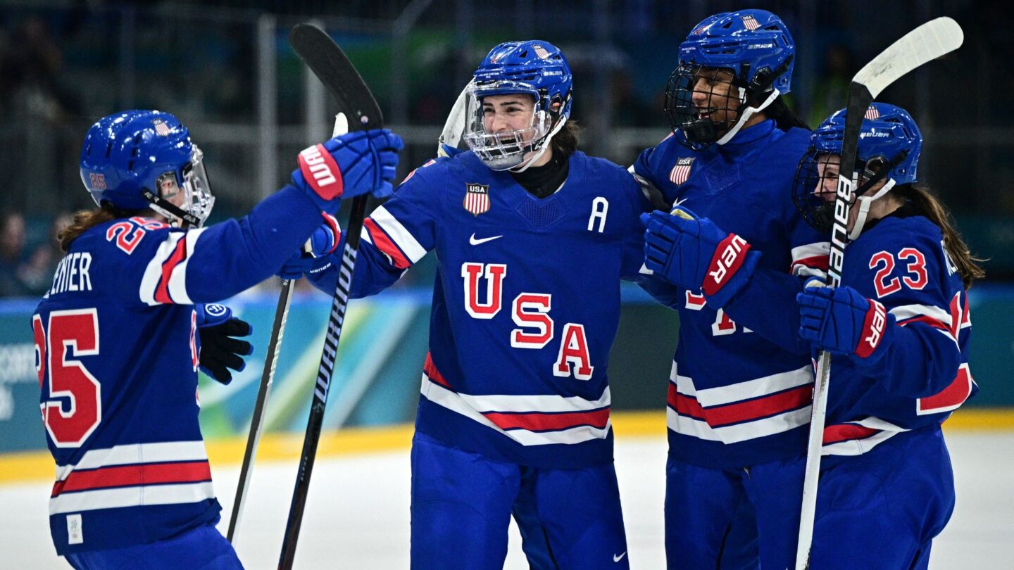 U.S. women's hockey player Megan Keller celebrates after scoring first in the quarterfinal matchup with Italy at 2026 Olympics.