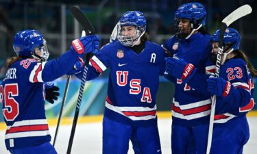 U.S. women's hockey player Megan Keller celebrates after scoring first in the quarterfinal matchup with Italy at 2026 Olympics.