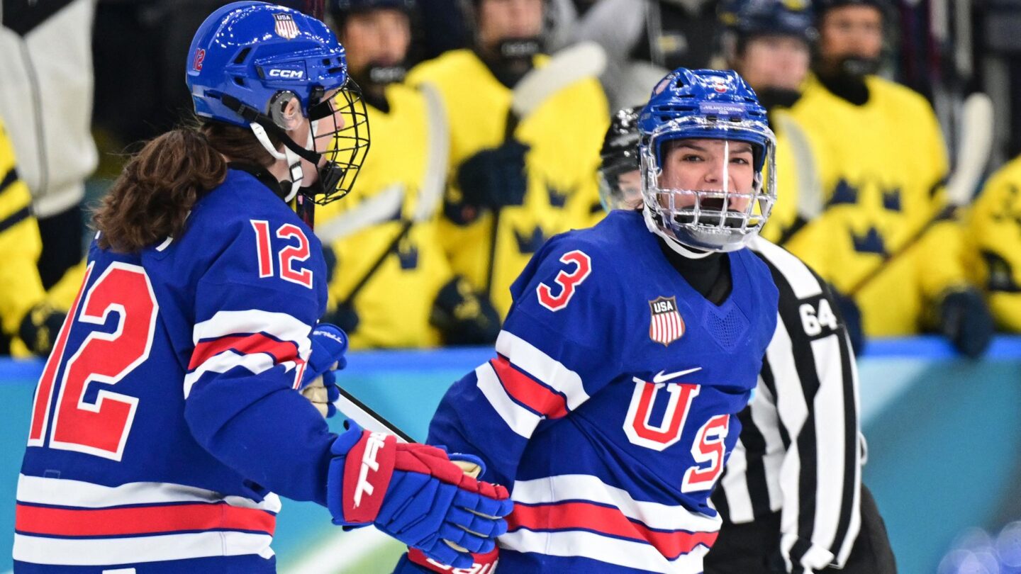 U.S. women's hockey defenseman Cayla Barnes celebrates after scoring against Sweden in the Olympic semifinals.