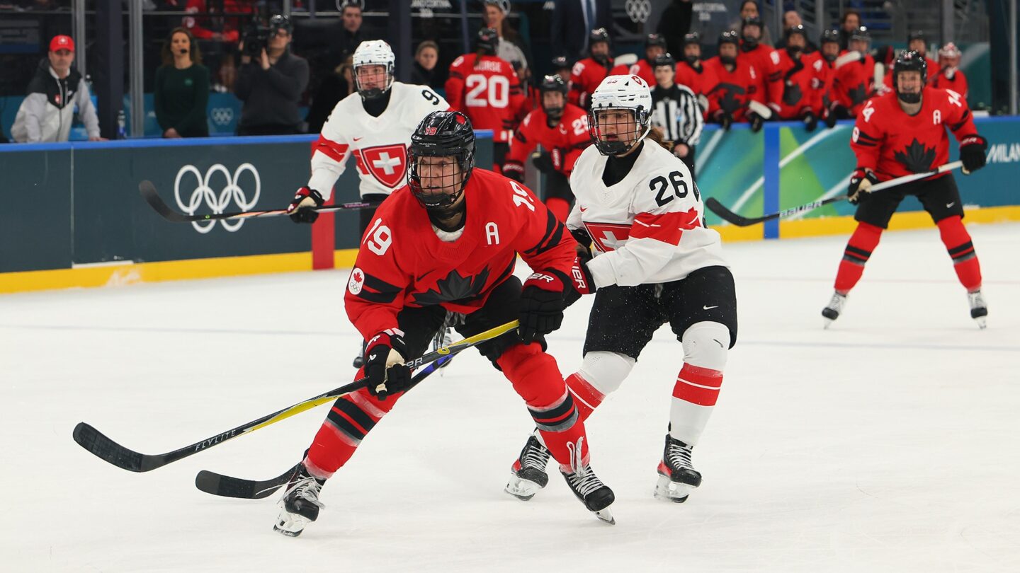 Canadian women's hockey player Brianne Jenner on the ice in the Olympic semifinal matchup with Switzerland.