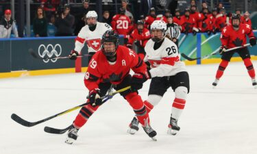 Canadian women's hockey player Brianne Jenner on the ice in the Olympic semifinal matchup with Switzerland.