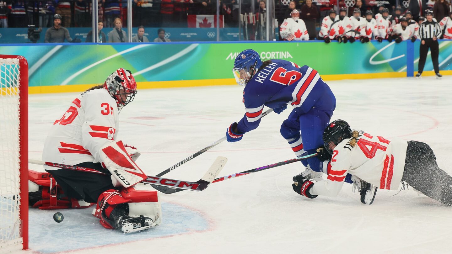 <i>NBC Olympics</i><br/>U.S. women's hockey's player Megan Keller scores the golden goal in overtime to win gold over Canada at the 2026 Milan Cortina Olympics.