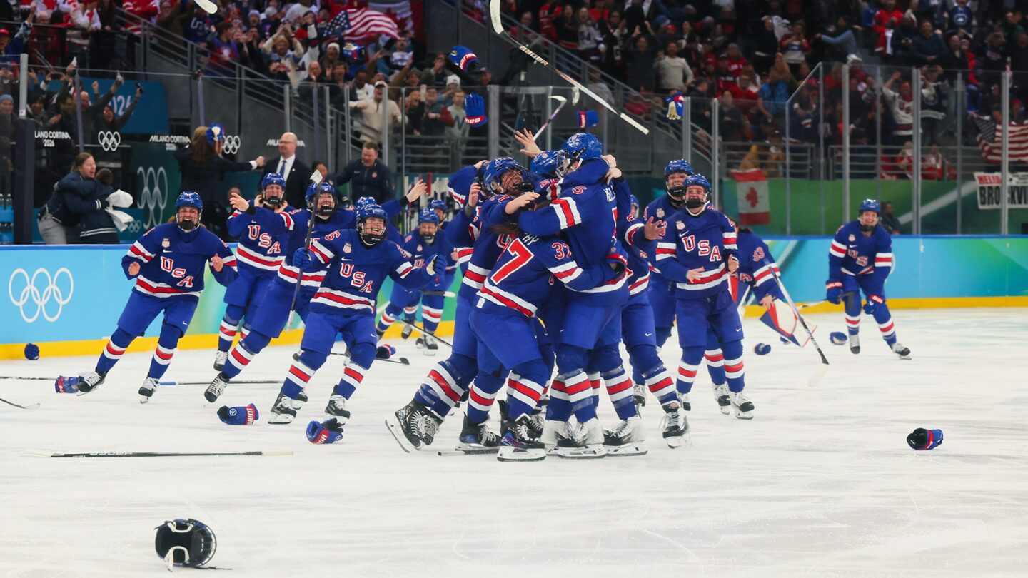 <i>NBC Olympics</i><br/>The U.S. women's hockey team celebrates on the ice after beating Canada in overtime for gold at the 2026 Milan Cortina Olympics.