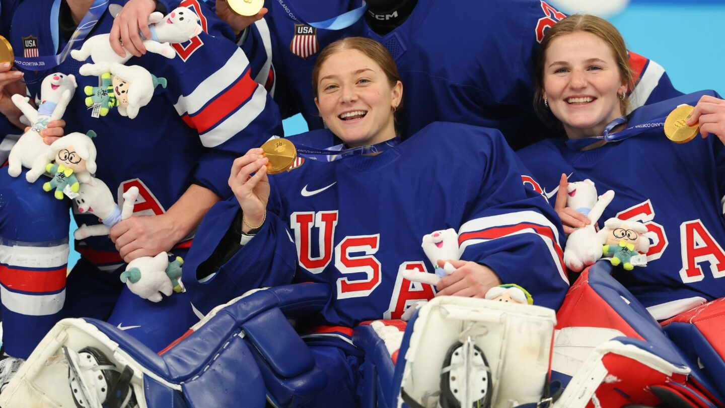 <i>NBC Olympics</i><br/>Goaltender Aerin Frankel celebrates winning gold against Canada