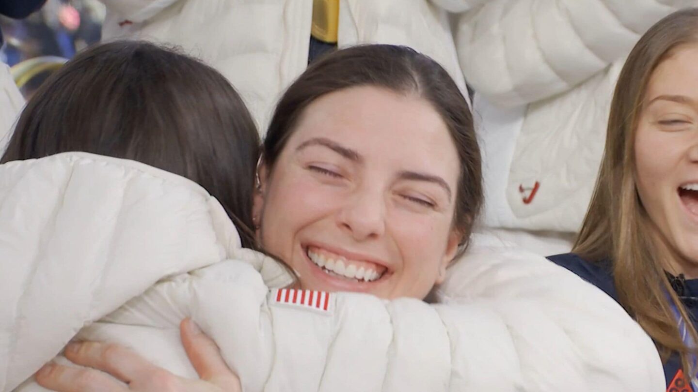<i>NBC Olympics</i><br/>Hilary Knight embraces one of her hockey teammates on TODAY