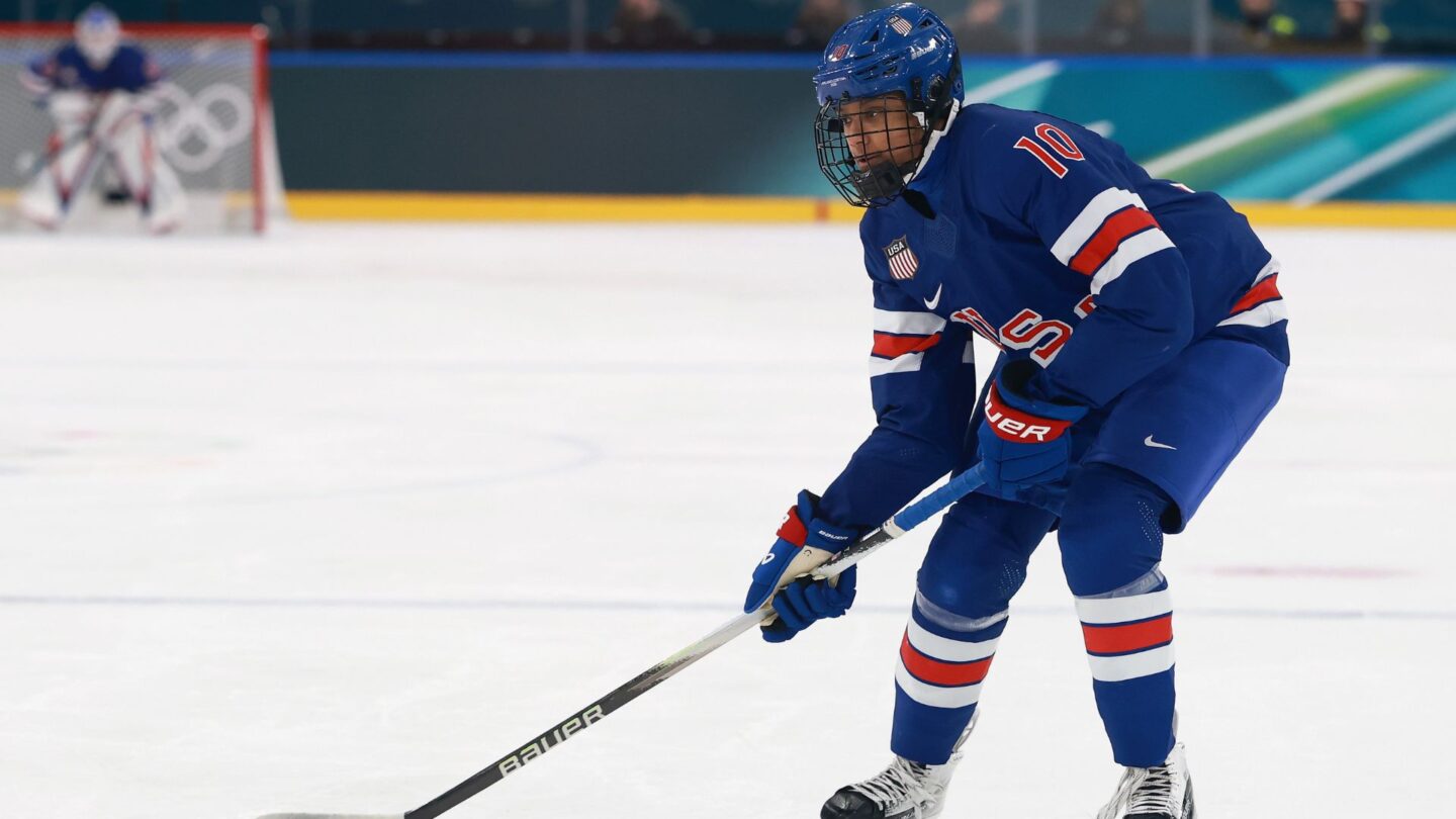 Laila Edwards on the ice for the U.S. women's hockey team at the 2026 Milan Cortina Olympics.