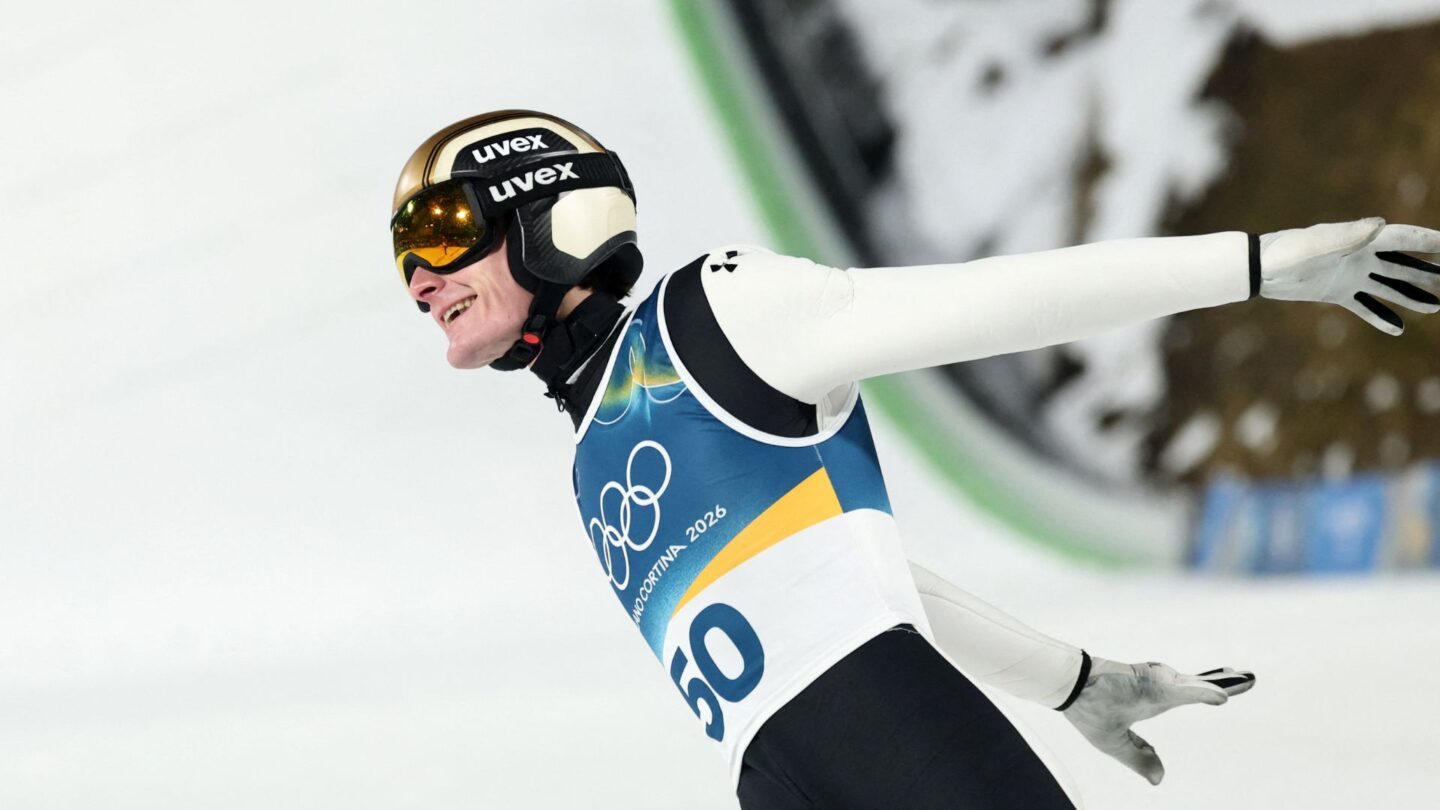 Domen Prevc celebrates