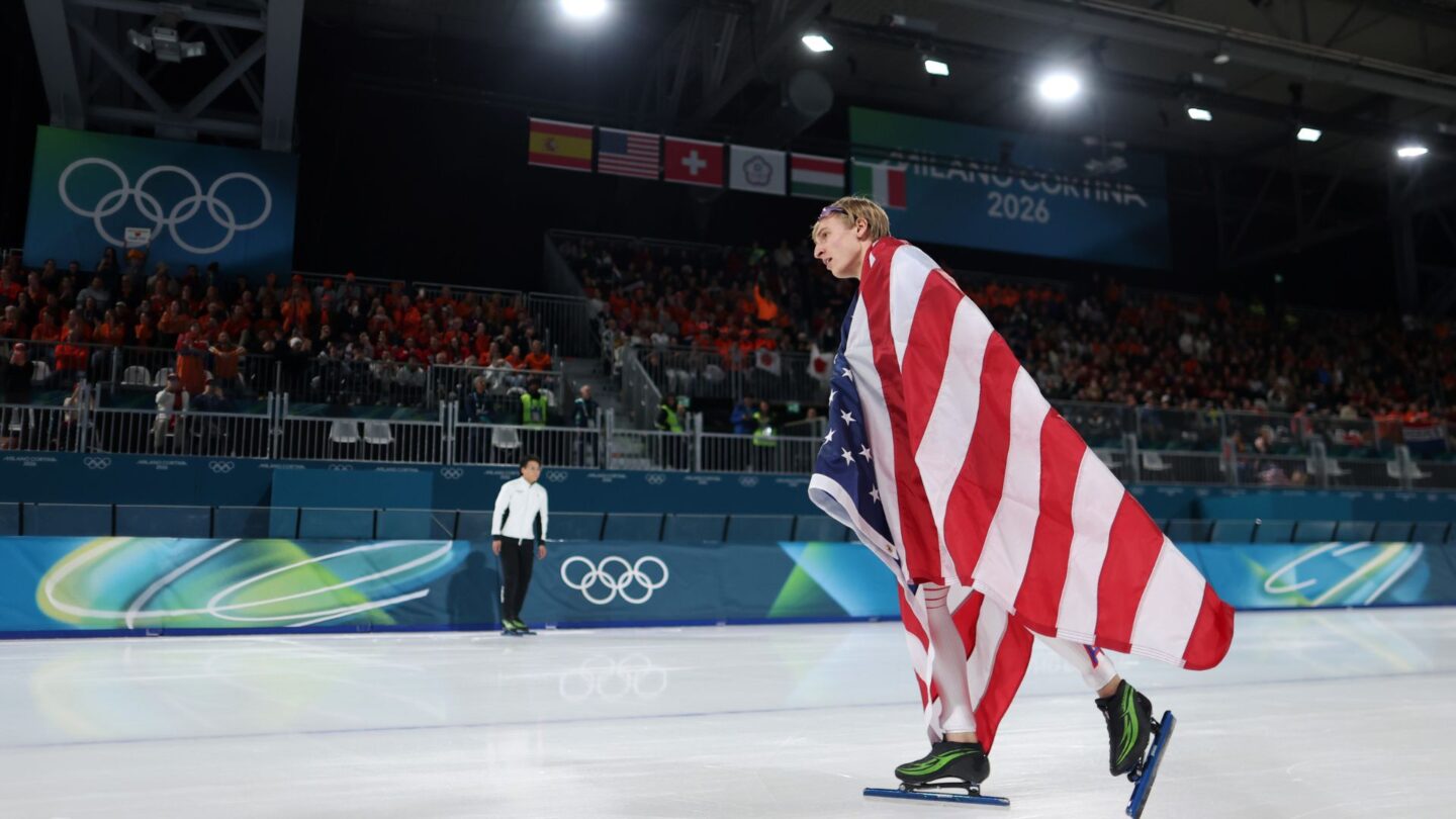 Jordan Stolz following his win in the 500m