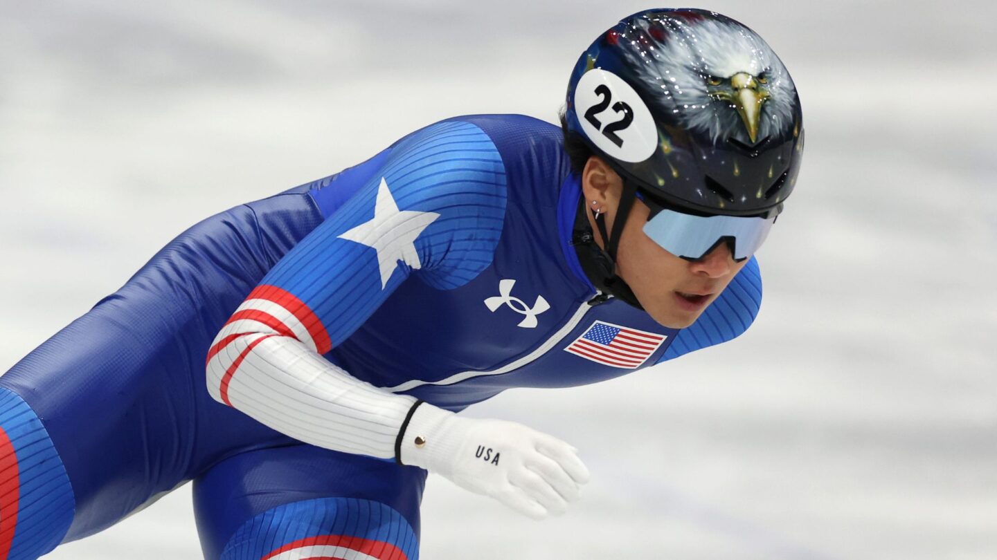 Brandon Kim competes in the 500m heats in Milan