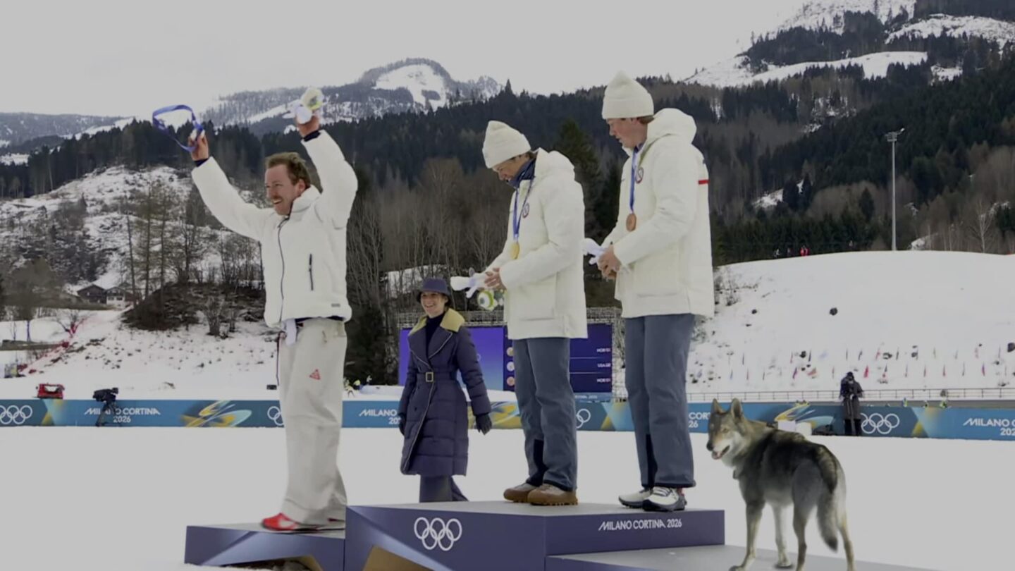 <i>NBC Olympics</i><br/>Klaebo and dog on the podium