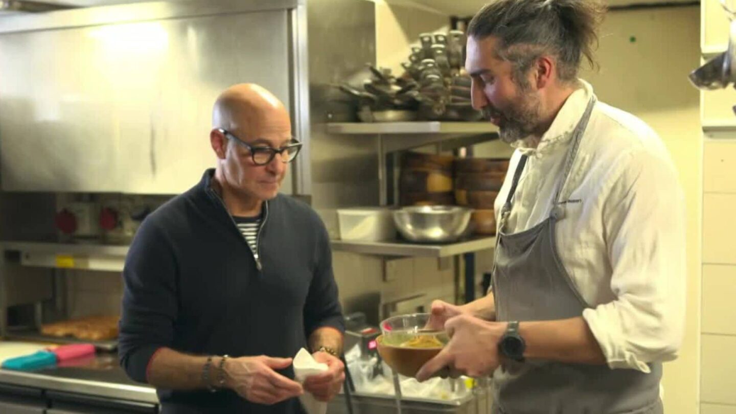 Stanley Tucci having mountain pine spaghetti.