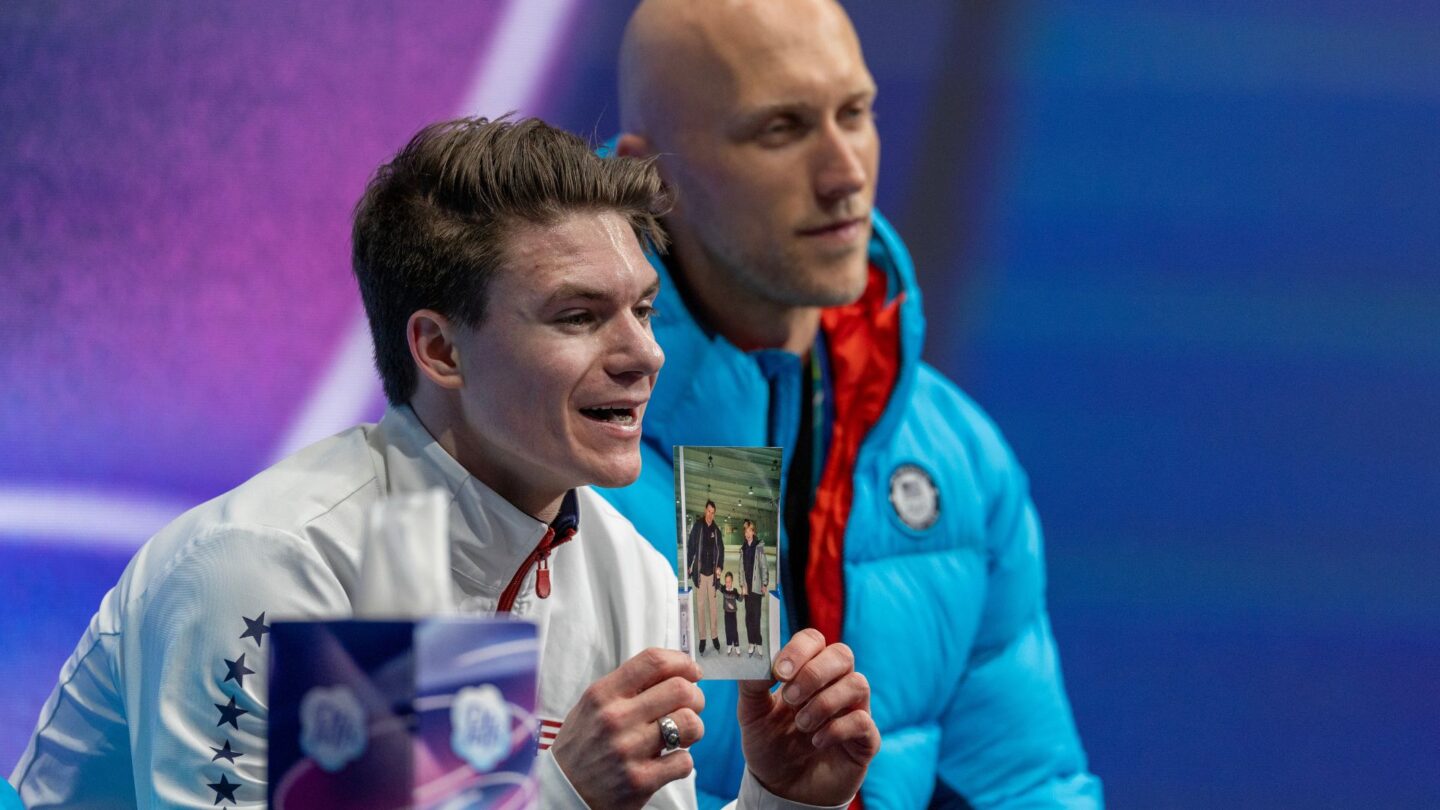 Maxim Naumov reacts to a score with his parents in mind.
