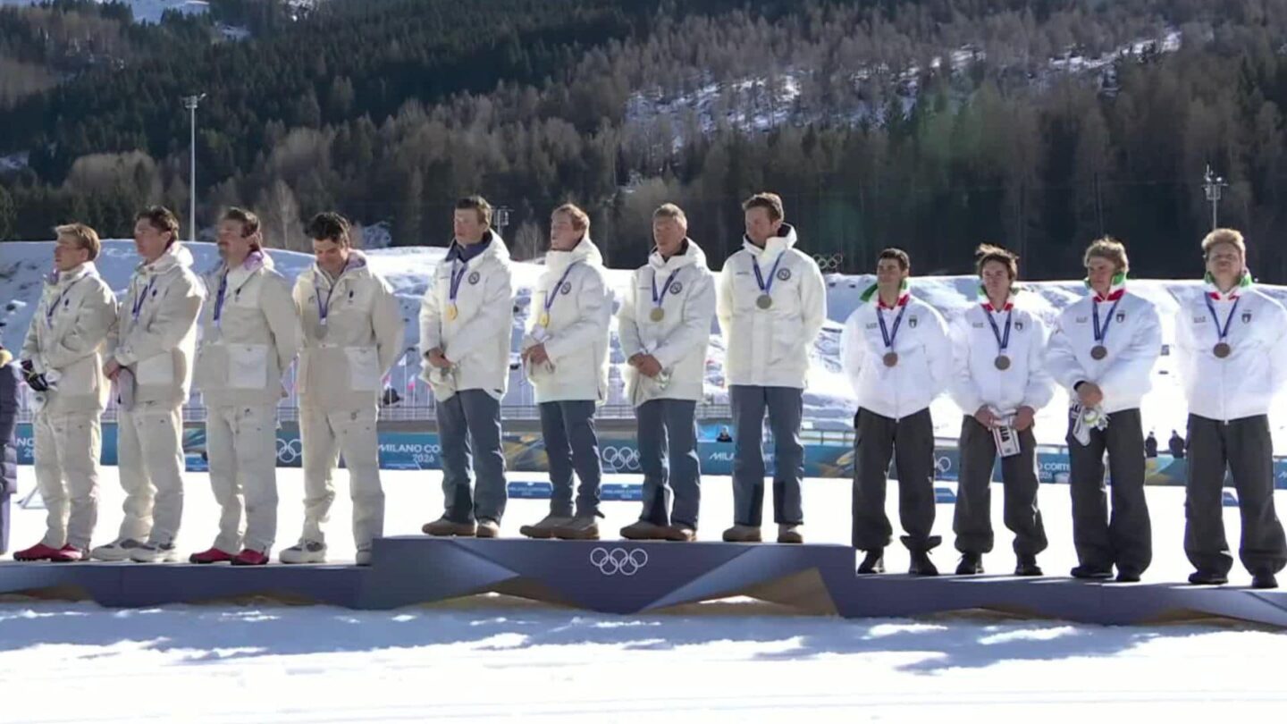 Johannes Hoesflot Klaebo during the Norwegian national anthem.