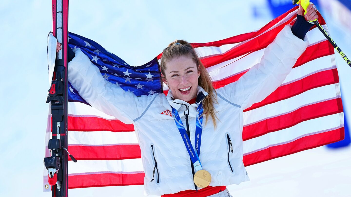 <i>NBC Olympics</i><br/>Mikaela Shiffrin celebrating her win.
