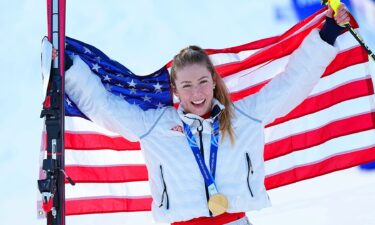 Mikaela Shiffrin celebrating her win.
