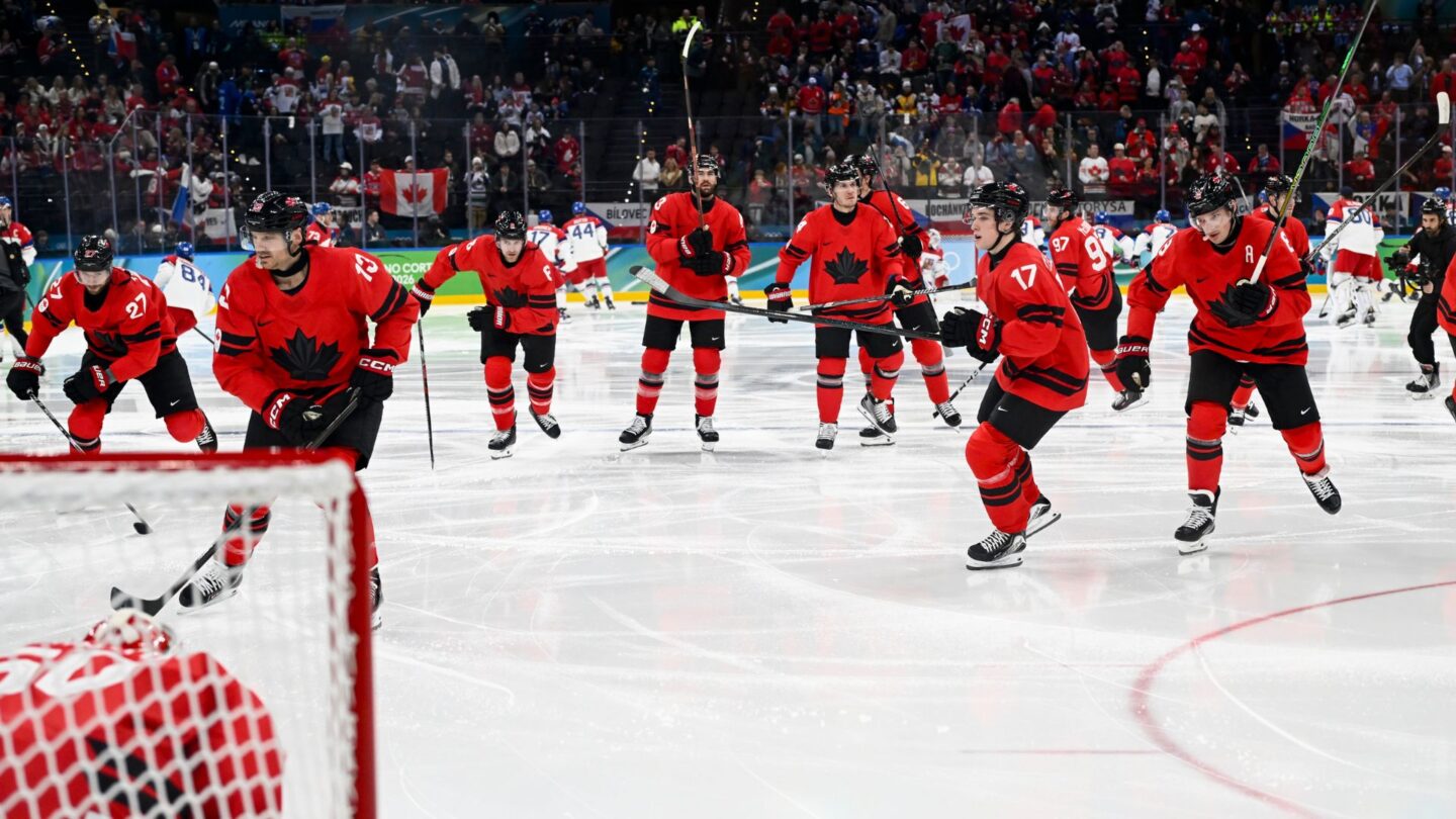 <i>NBC Olympics</i><br/>Canada men's hockey celebrates their win.