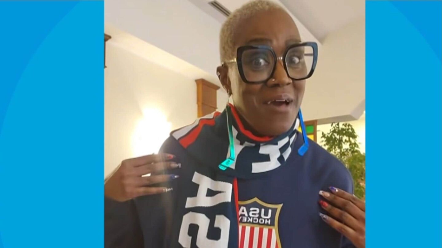 <i>NBC Olympics</i><br/>Charone Gray Edwards shows off her clothes to the camera
