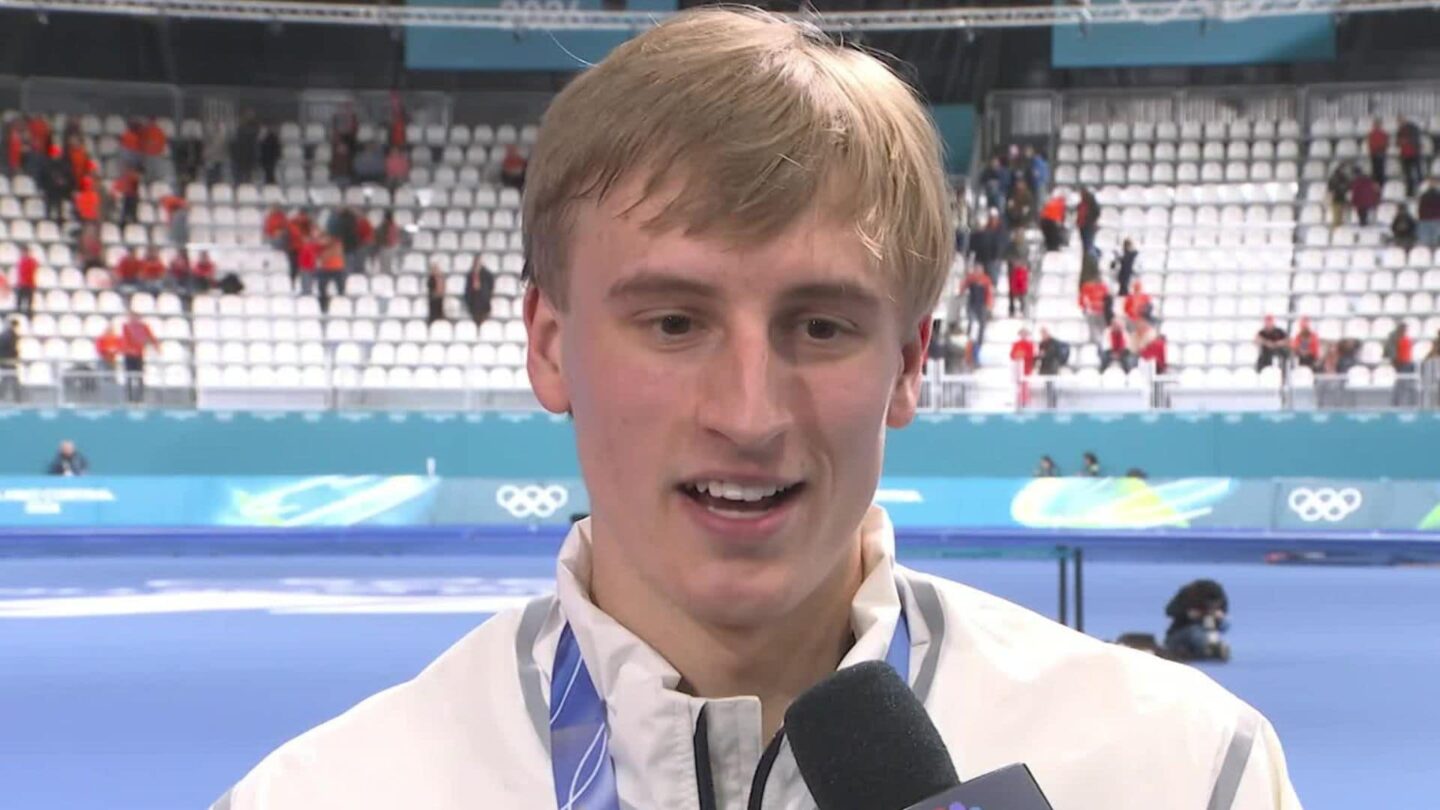 <i>NBC Olympics</i><br/>Jordan Stolz after the men's 1500m