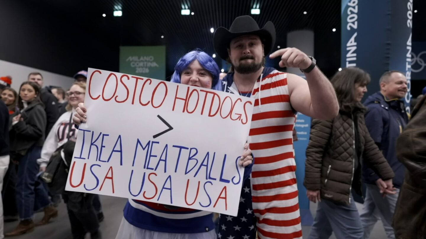 <i>NBC Olympics</i><br/>Fans at the Milan Cortina Olympics show off a custom sign