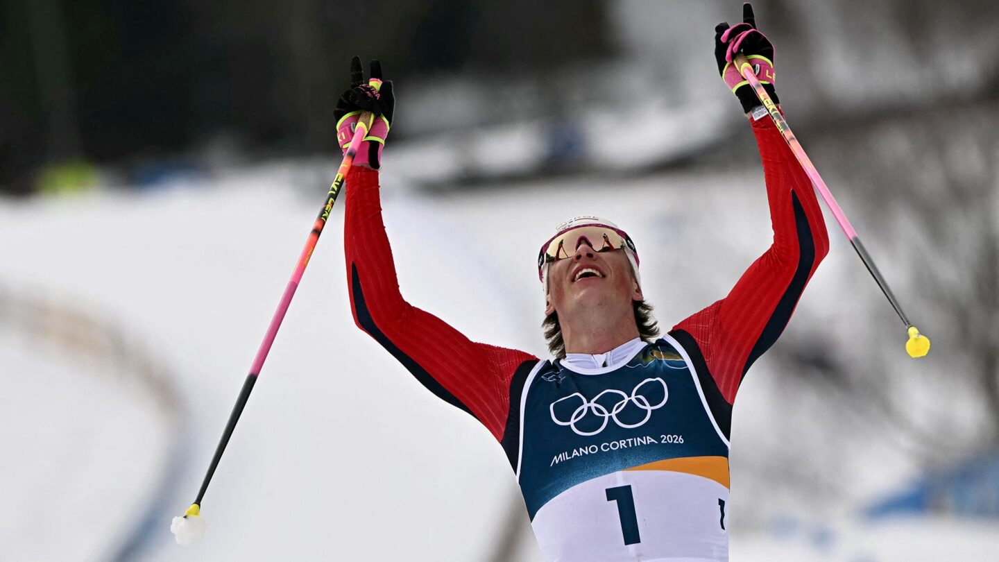 <i>NBC Olympics</i><br/>Johannes Hoesflot Klaebo celebrates his record-breaking sixth gold medal of the Milan Cortina Olympics.