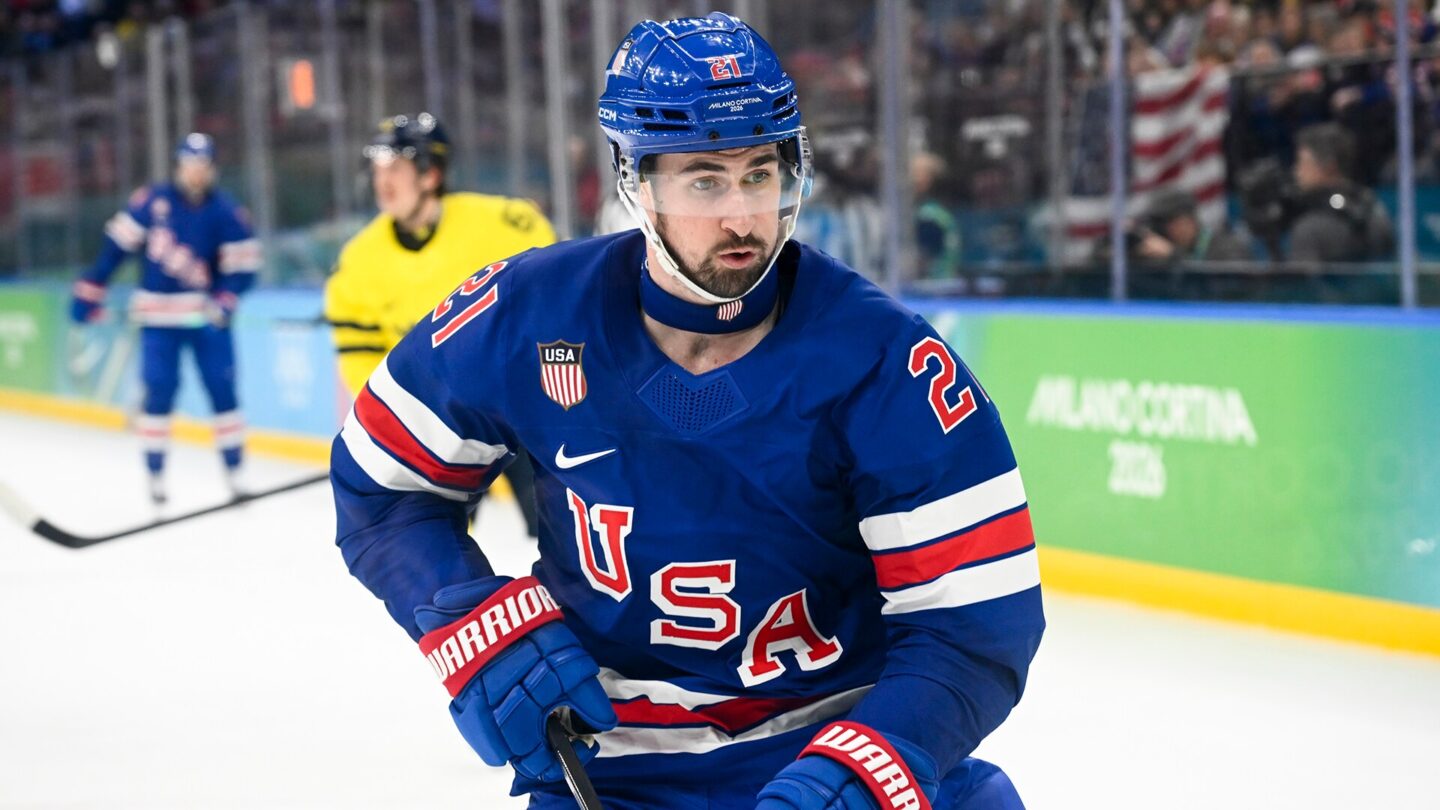 <i>NBC Olympics</i><br/>Team USA's Dylan Larkin skates during the matchup with Sweden in the Olympic quarterfinal.