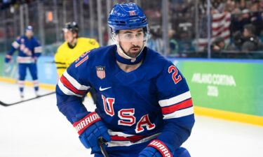 Team USA's Dylan Larkin skates during the matchup with Sweden in the Olympic quarterfinal.