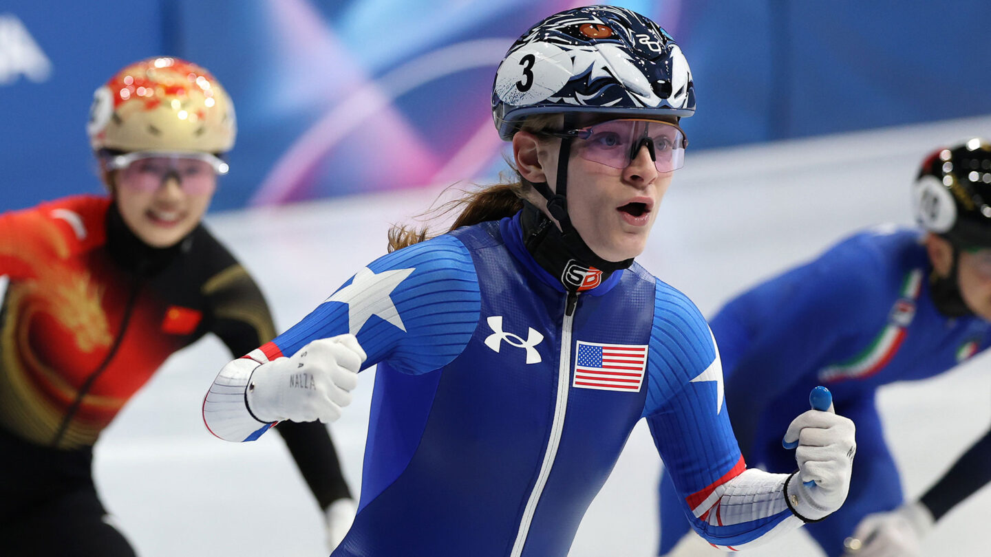 <i>NBC Olympics</i><br/>Corinne Stoddard reacts to earning bronze in the 1500m