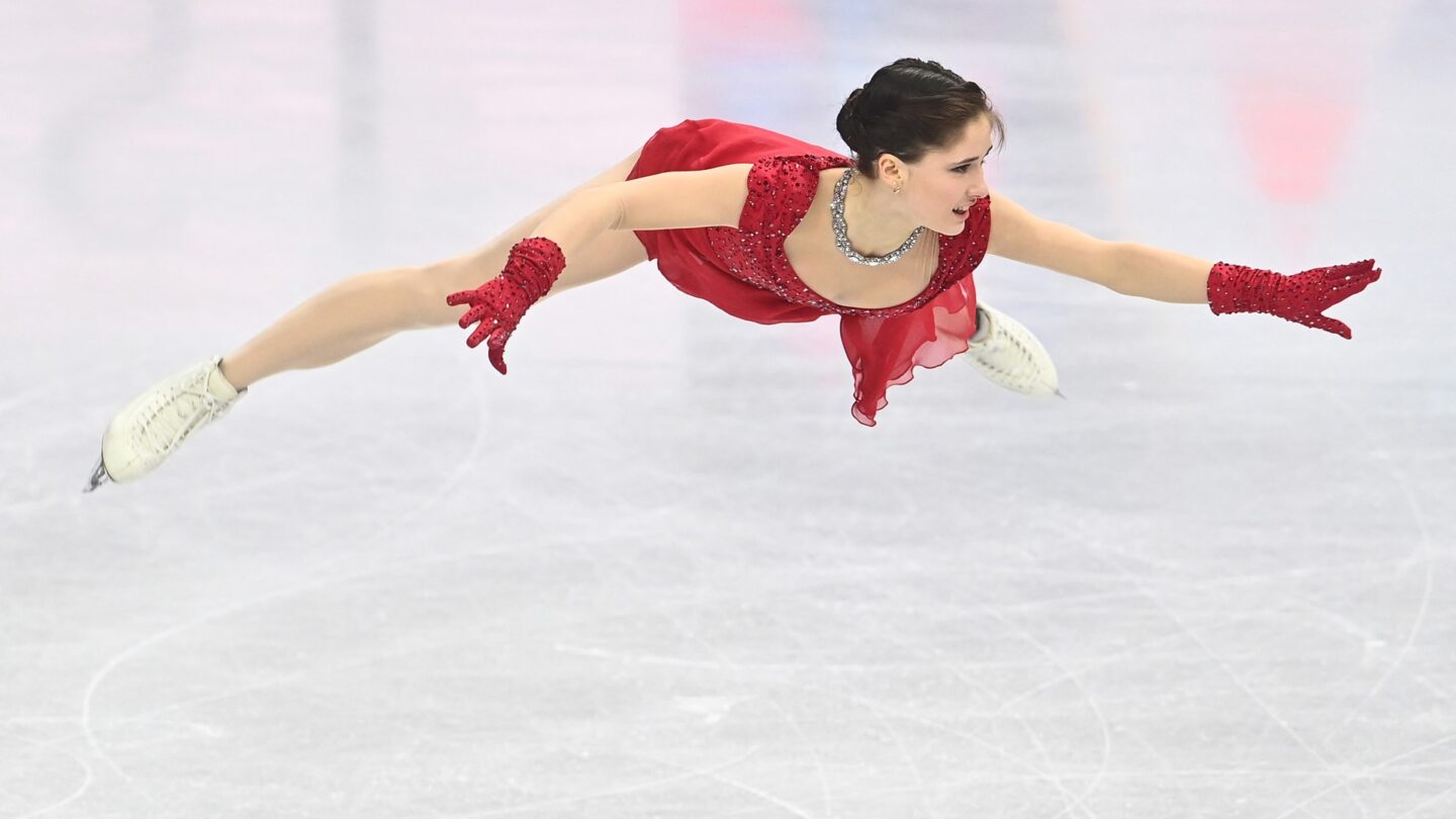 <i>NBC Olympics</i><br/>Isabeau Levito goes airborne during her short program at the 2026 World Figure Skating Championships.