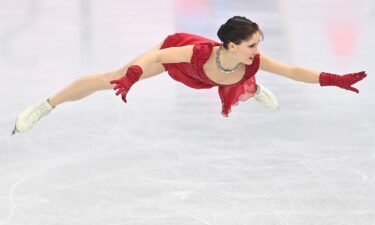 Isabeau Levito goes airborne during her short program at the 2026 World Figure Skating Championships.