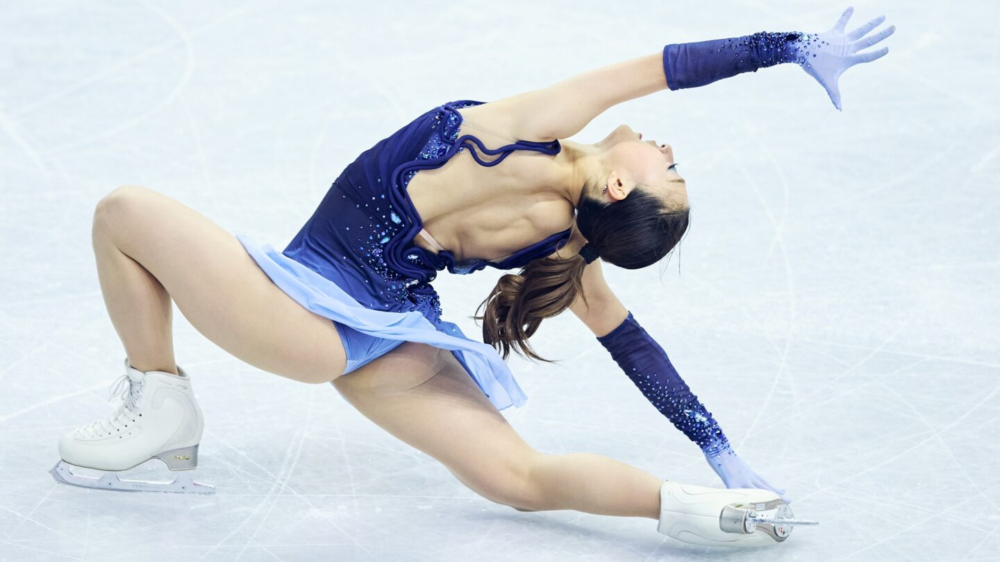 <i>NBC Olympics</i><br/>Kaori Sakamoto strikes a pose during her short program at the 2026 World Figure Skating Championships.