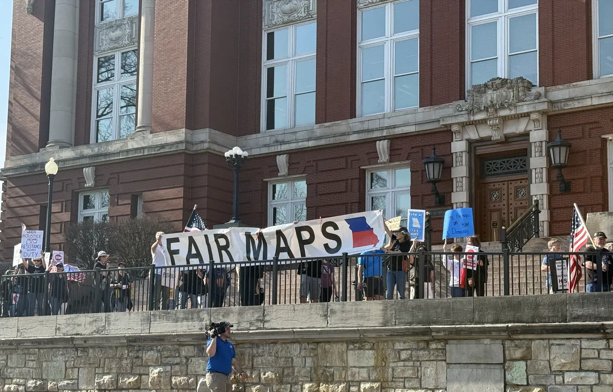 Groups protest new congressional map as the Missouri Supreme Court hears arguments on redistricting on March 10, 2026.