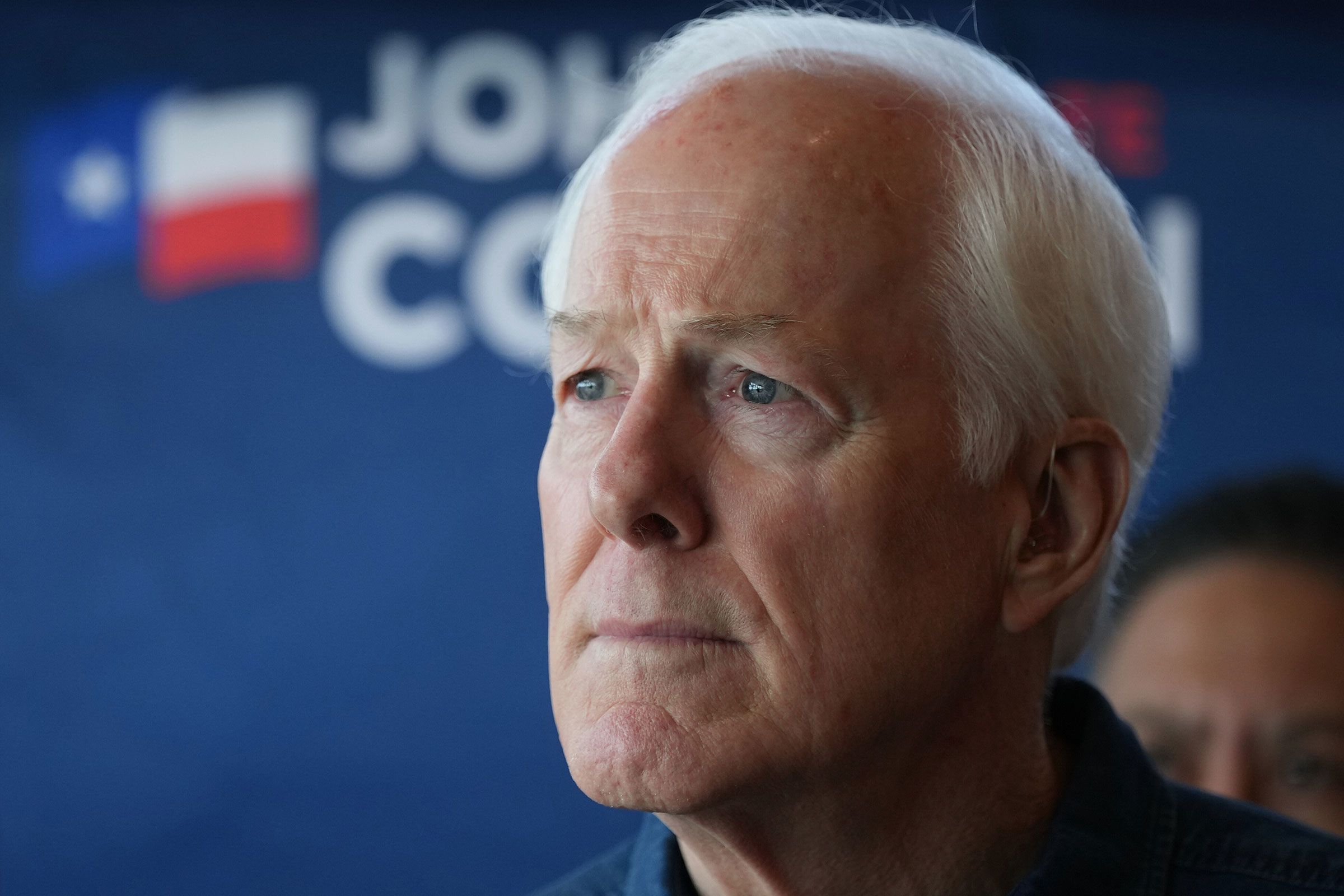 <i>Eric Gay/AP via CNN Newsource</i><br/>Sen. John Cornyn listens to a question during a campaign stop in Austin
