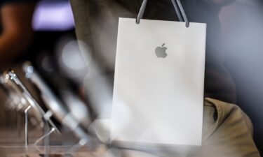 The Apple logo on a shopping bag at the company's store in Barcelona