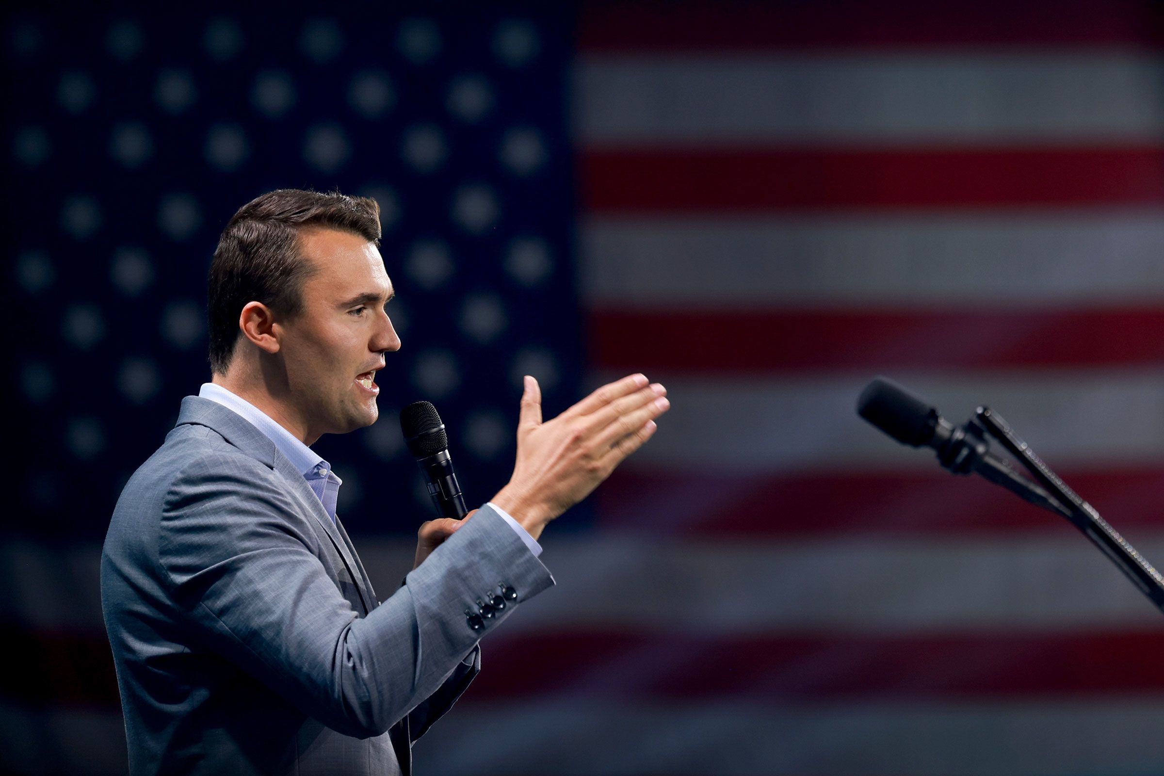 <i>Joe Raedle/Getty Images/File via CNN Newsource</i><br/>Charlie Kirk speaks at a Turning Point USA Believers Summit conference