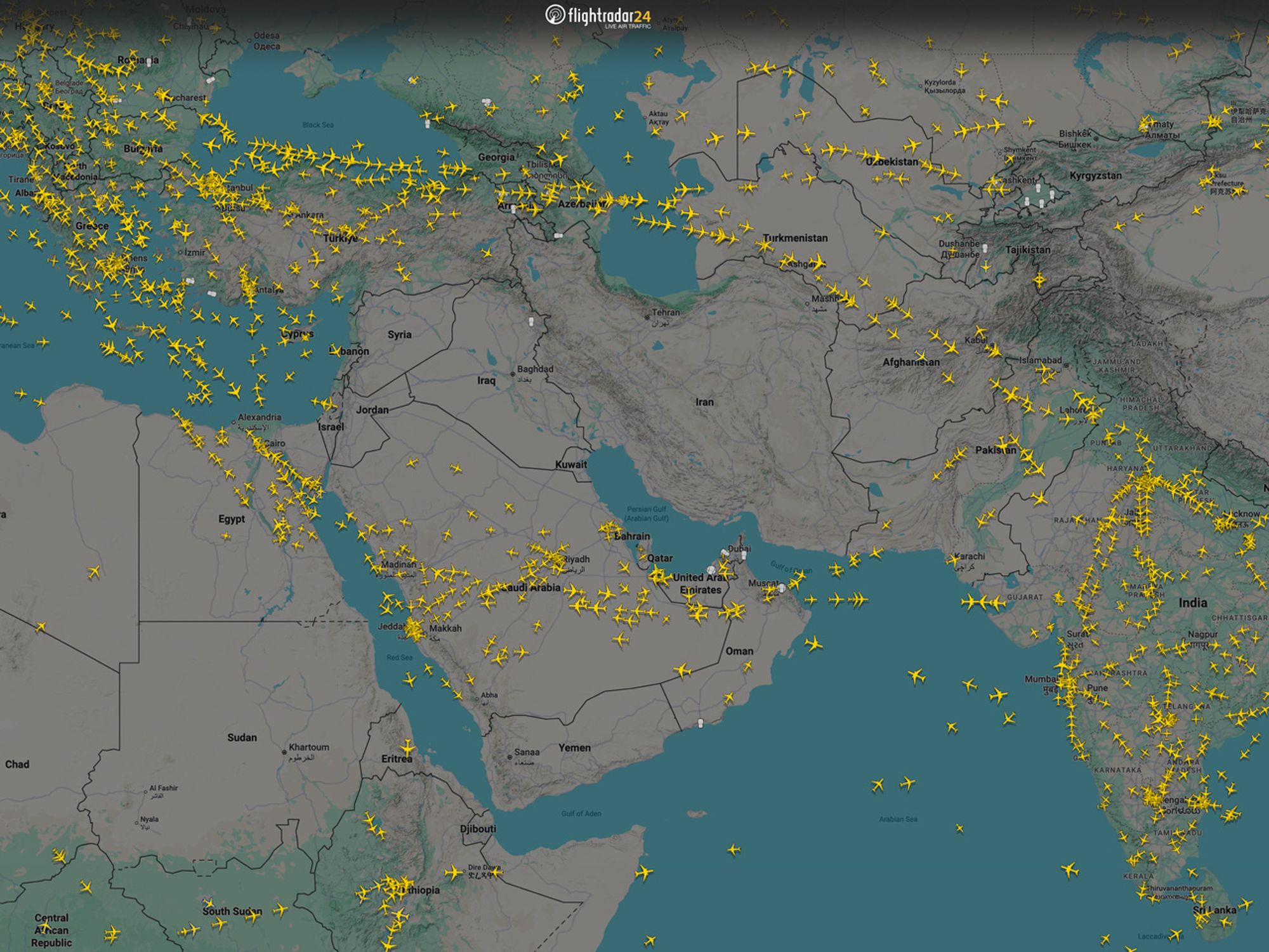 <i>Flightradar24 via CNN Newsource</i><br/>Middle East airspace closures are forcing long-haul reroutes