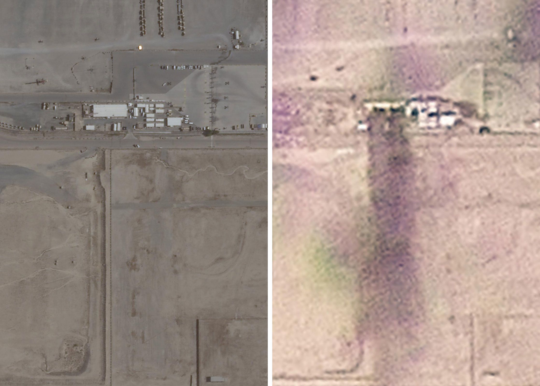<i>Planet Labs PBC via CNN Newsource</i><br/>This pairing of images shows the location where American service members were killed in Kuwait. The left images was taken on June 26. The image on the right was taken on March 1.